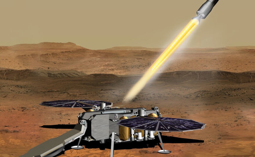 This conceptual illustration shows a container carrying rock samples blasting off the surface of Mars.