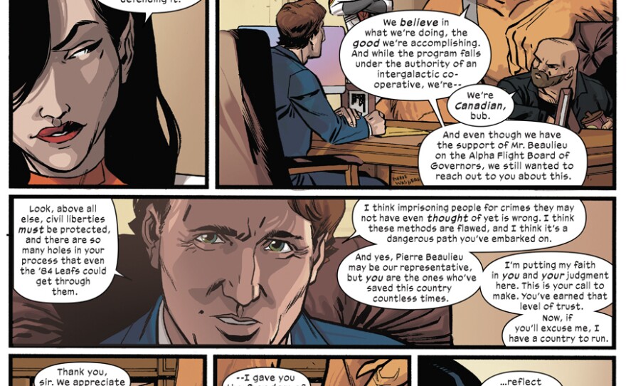 The superhero squad seeks advice and guidance from Canadian Prime Minister Justin Trudeau.