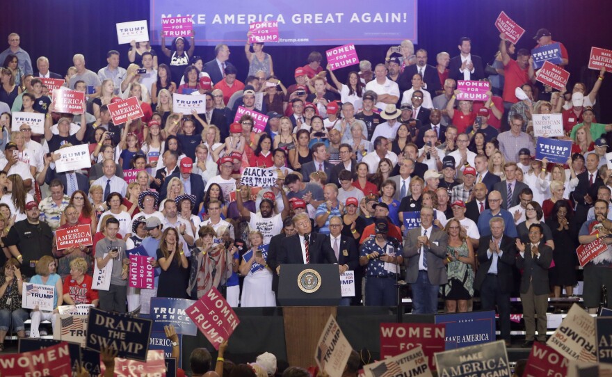 President Donald Trump speaks at a rally Aug. 22, 2017, in Phoenix, Ariz.