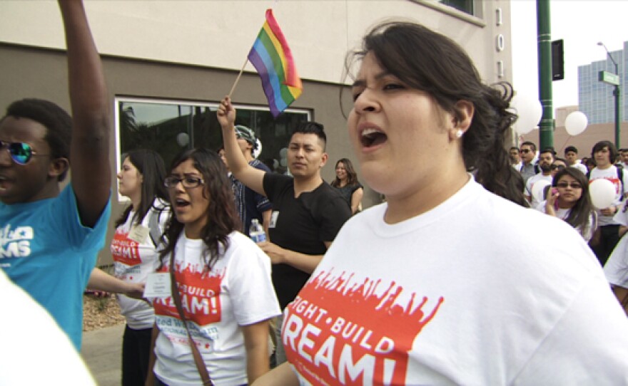 Lorella Praeli, Advocacy and Policy Director for United We DREAM, marches down Central Avenue in Phoenix, Arizona, with fellow members of the largest immigrant youth-led organization in the nation, demanding an end to deportations. (February 29, 2014). FRONTLINE’s "Immigration Battle" goes inside the fight over immigration reform on Capitol Hill.