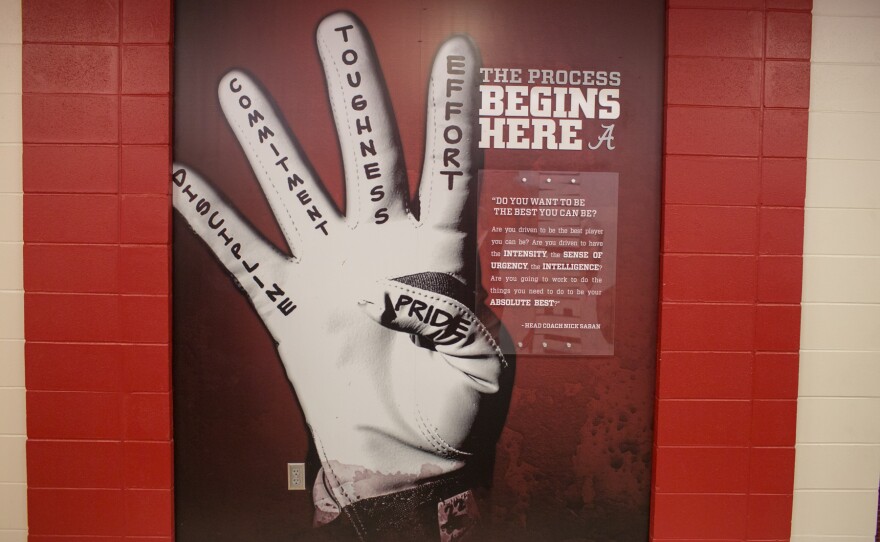 Alabama Coach Nick Saban preaches "the process" to his players. This sign near the team's practice facility gives reminders about what it takes to win.