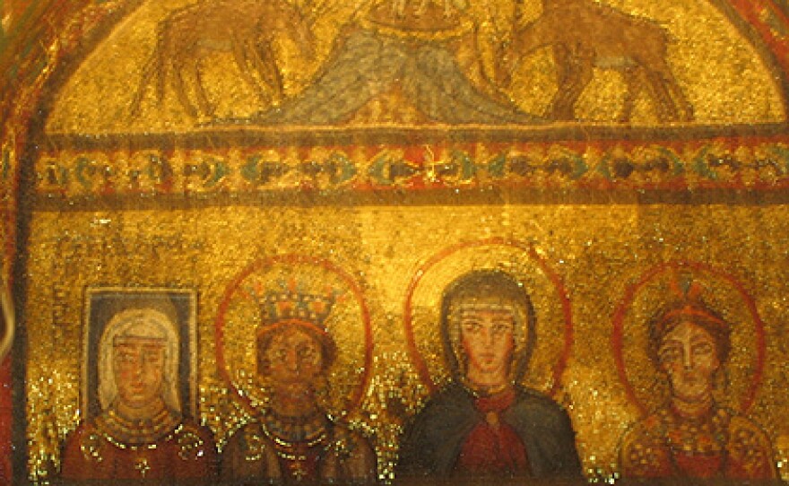 A mosaic in St. Praxedes church, Rome. Theodora is on the left with a square halo, indicating she was alive when the mosaic was made.