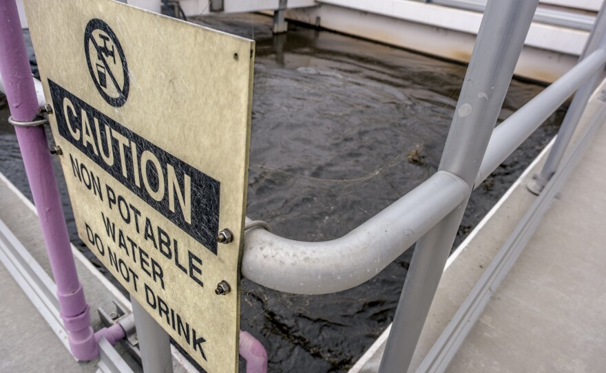 A warning sign is shown at the South Bay International Wastewater Treatment Plant on August 29, 2024.