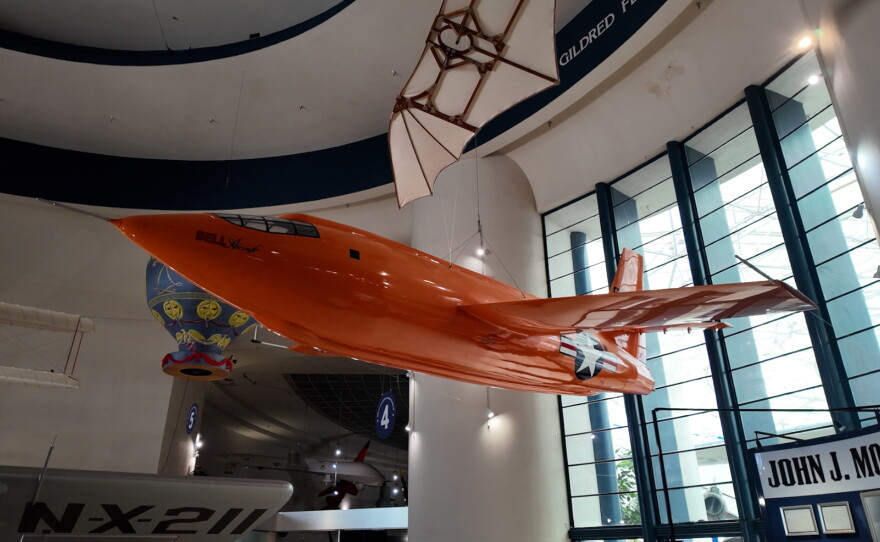 A replica of the Bell X-1 that broke the sound barrier in 1947 is shown, hanging from the ceiling of the San Diego Air & Space Museum on July 13, 2026.