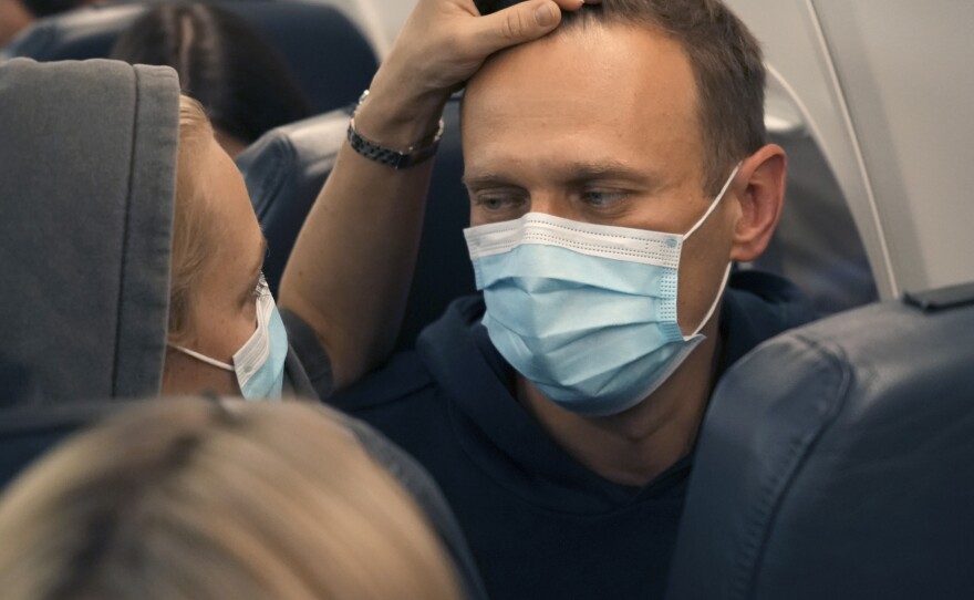 Alexei Navalny and his wife Yulia sit on the plane on a flight to Moscow on Jan. 17, 2021.