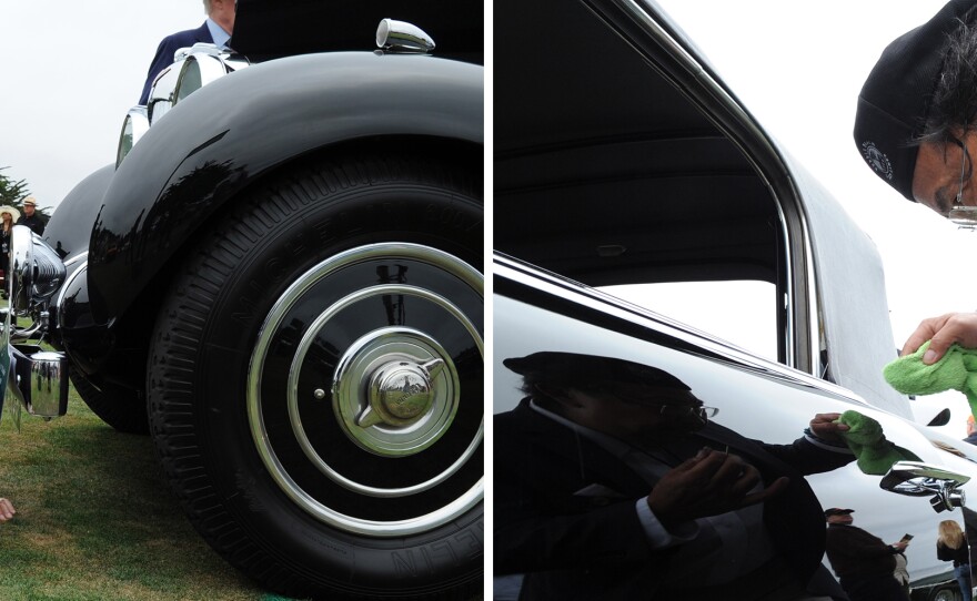 <strong>Left:</strong> A Concours judge checks the undercarriage on the 1938 Lagonda V12 Rapide Drophead Coupe, owned by Ron Rezek. <strong>Right: </strong>Detailer Morris Lum uses a toothpick and microfiber cloth towel on his client's 1958 Dual Ghia Convertible. Only 115 Dual Ghias were completed and just 36 are known to have survived.