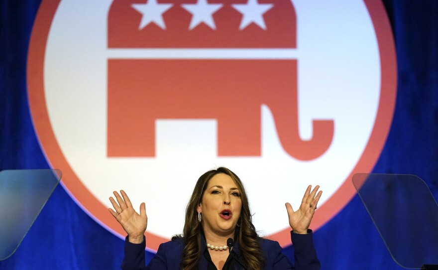 Ronna McDaniel, the GOP chairwoman, speaks during the Republican National Committee winter meeting Friday, Feb. 4, 2022, in Salt Lake City. The RNC has sued the House committee investigating Jan. 6 over a subpoena of Salesforce.