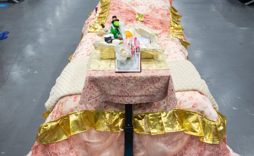 Yolanda Gamiño's bed, one of the most ornate in the Alpha Project section of the San Diego Convention Center shelter, is shown on May 21, 2020.