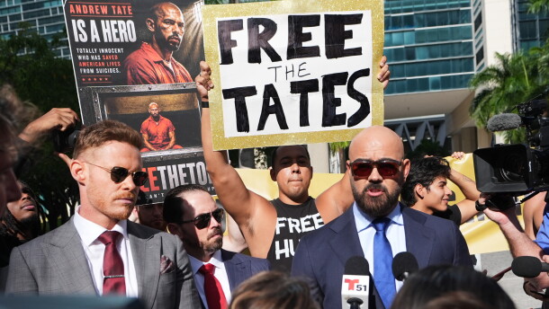 Attorney Joe McBride, right, represents Andrew and Tristan Tate as they fight extradition to the U.K. on charges of rape and human trafficking. McBride spoke to the media before an Aug. 27 bond hearing in Miami.