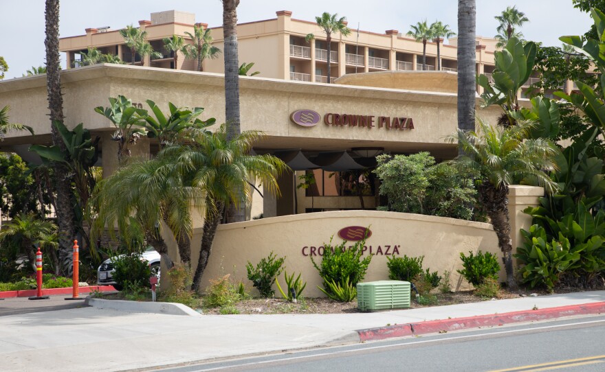 Emails show San Diego County workers have had concerns about access to mental health care for people with COVID-19 symptoms isolating at the Crowne Plaza hotel in Mission Valley, shown here on May 1, 2020.
