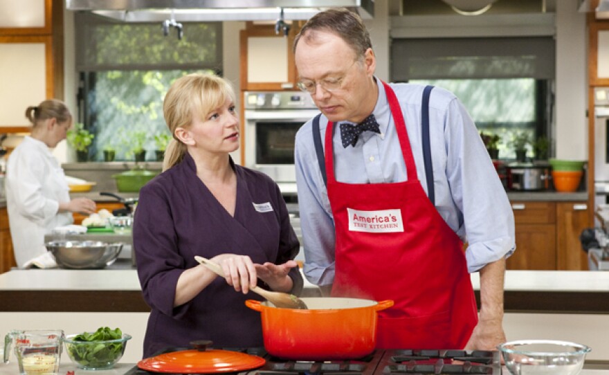 Test cook Bridget Lancaster in the kitchen with host Christopher Kimball.
