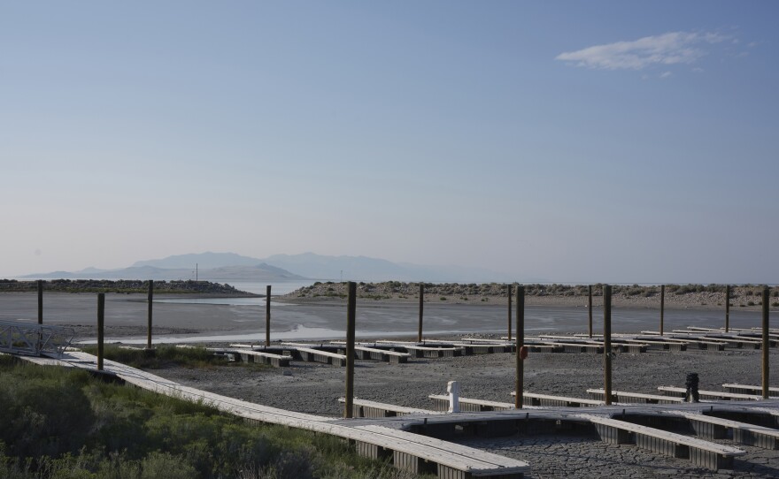 An empty boat harbor sits on the receding waters of the Great Salt Lake near Antelope Island in 2021.