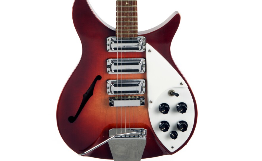 A photo provided by Julien's Auctions shows a 1964 Rose-Morris Rickenbacker electric guitar, nicknamed 'The Beatle Backer,' that was owned by John Lennon and later given to Ringo Starr.