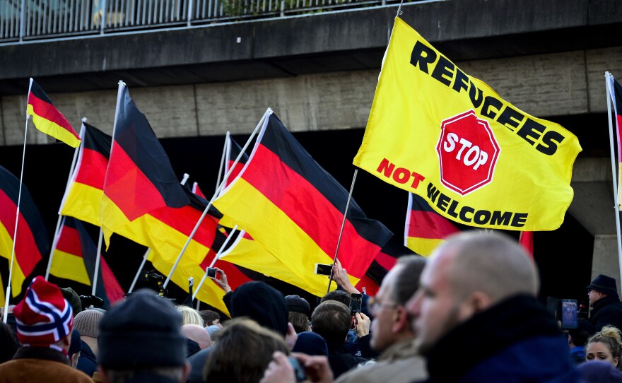 Supporters of Pegida, Hogesa (Hooligans against Salafists) and other right-wing populist groups gather on January 9 in  Cologne to protest against the New Year's Eve attacks.