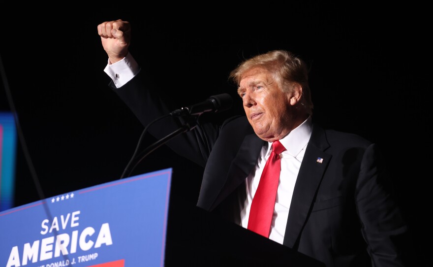 Former President Donald Trump speaks to supporters during a rally at the Iowa State Fairgrounds on Oct. 9 in Des Moines. The GOP agenda now includes the false notion that the 2020 election was somehow stolen.