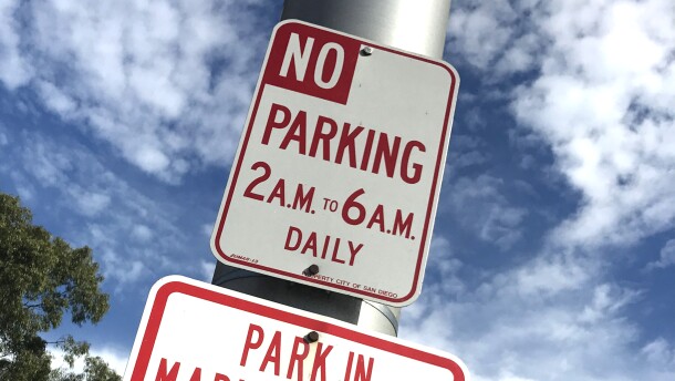 "No Parking 2 a.m. to 6 a.m." signed posted in a parking lot at Balboa Park, Nov. 16, 2017.