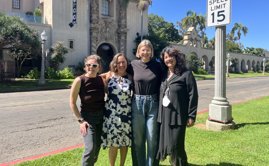 Former ICA staff (from left to right) Katrina Land, Sarah Trujillo-Porter, Jordan Karney Chaim and Dianna Elizardo stand in front of the ICA Balboa Park campus site, Sept. 2, 2026.