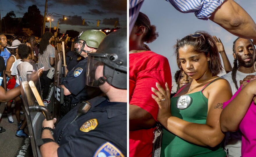 (Left) Protesters face off with Baton Rouge police in riot gear across the street from the police department on Friday in Baton Rouge, La. (Right) Pastor Johnny Young blesses Kaleigh Yates, a first cousin of Alton Sterling, outside the convenience store where he was shot and killed.