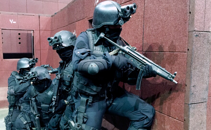 Members of Saudi Arabia's elite special operations forces take part in a drill at a secretive training center on the outskirts of Riyadh, the capital. In this exercise, officers move through a building in an attempt to clear a militant hideout in less than two minutes.