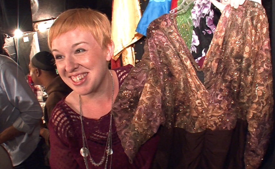 Katherine Harroff with a "hand-me-down" drag gown.