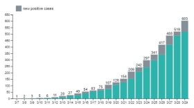 A chart showing cases of COVID-19 topples 600 in San Diego County as of March 29, 2020.