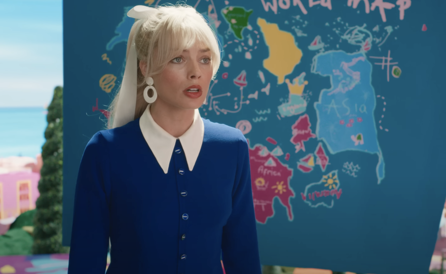 A screenshot from the Barbie trailer showing a world map that appears to depict a controversial nine-dash line.