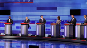 Republican presidential candidates pictured (L-R) former Pennsylvania Sen. Rick Santorum; businessman Herman Cain; Rep. Ron Paul, R-Texas, former Massachusetts Gov. Mitt Romney; Rep. Michele Bachmann, R-Minn.; former Minnesota Governor Tim Pawlenty; former Utah Gov. Jon Huntsman; former House Speaker Newt Gingrich during the Iowa GOP/Fox News Debate on August 11, 2011 at the CY Stephens Auditorium in Ames, Iowa. 
