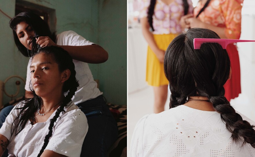 Left: Deysi Tacuri Lopez, 27, gets her hair styled by Joselin Brenda Mamani Tinta. Traditionally, indigenous women in Bolivia wear their hair in two long plaits with the ends tied together with a tassled cord. Right: A detail of the hairstyle. "<em>Pollera</em> women give extra importance to their hair," says Tinta. Her grandmother told her that brushing hair gets rid of sadness and bad energy.