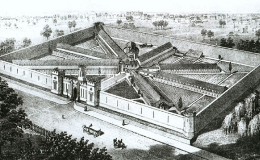 An engraving of Eastern State Penitentiary as it appeared in 1855. Its revolutionary wagon-wheel design, which allowed one guard to view all seven original cellblocks from a single spot in the rotunda, became a model for prisons, schools and hospitals all over the world.