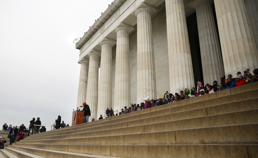 Fifth-grade students recite King's "I Have A Dream" speech on the steps of the Lincoln Memorial in Washington, D.C.