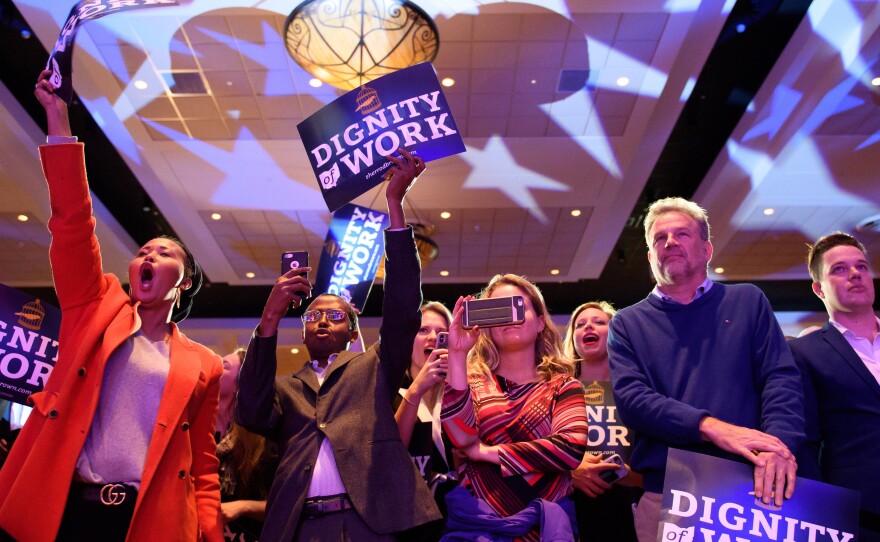 Supporters of Democratic Sen. Sherrod Brown celebrate his campaign victory in Columbus, Ohio, on Tuesday night. Brown defeated Republican challenger Jim Renacci to win a third term in the Senate.
