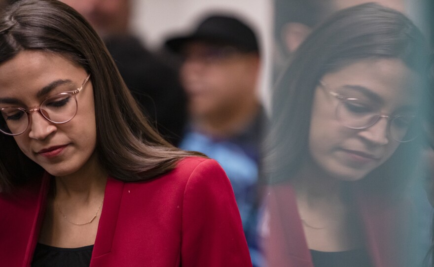 Rep. Alexandria Ocasio-Cortez attends a press conference in Washington, DC.