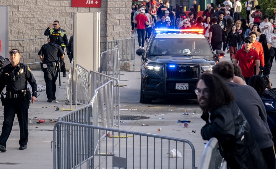 Eventually, police were able to force the crowd to disperse but not until after tense moments. San Diego, April 3, 2023.<br/>