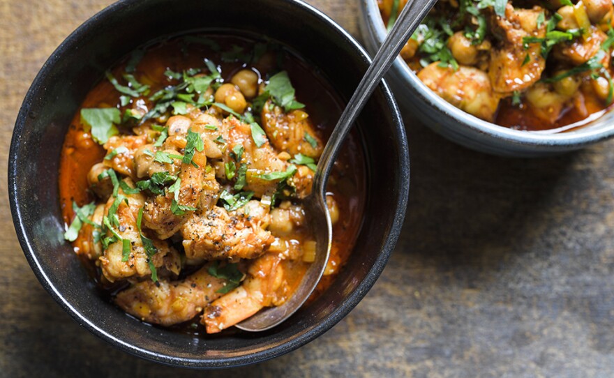 Spanish Shrimp & Chickpea Stew with a combination of smoked and sweet paprika which adds deep color and earthy complexity