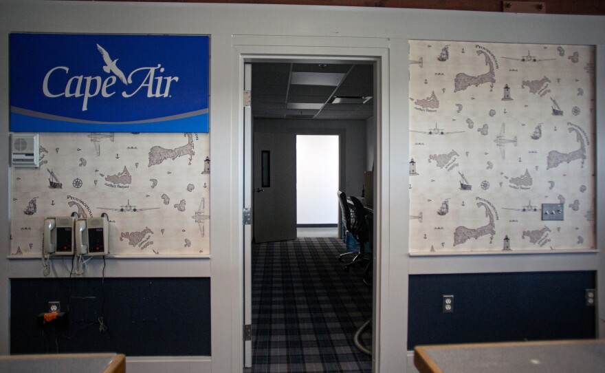 The welcome lounge and offices for Cape Air are empty at the Provincetown Municipal Airport.