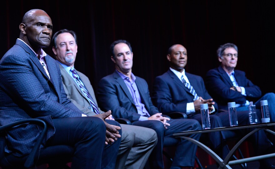 During PBS’ FRONTLINE “League Of Denial: The NFL's Concussion Crisis” session at the Television Critics Association Summer Press Tour in Los Angeles, Calif. on Tues., August 6, 2013, ESPN’s Dwayne Bray, Mark Fainaru-Wada and Steve Fainaru, NFL Hall-of-Famer Harry Carson and filmmaker Michael Kirk discuss the hidden story of the NFL and brain injuries, including the devastating consequences for some of football's all-time greats.