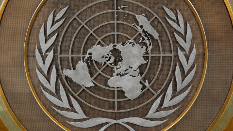 FILE - The United Nations logo is seen inside the 79th session of the United Nations General Assembly, Tuesday, Sept. 24, 2024.