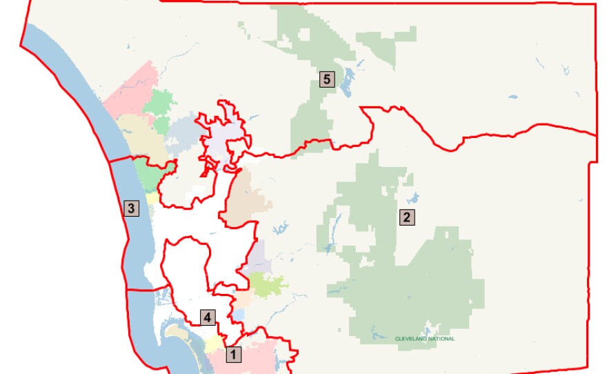 Current districts for San Diego County Board of Supervisors.