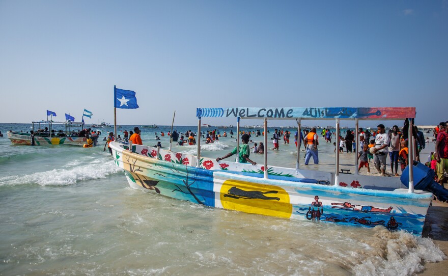 Tour boats for hire await customers at Liido Beach in Mogadishu.
