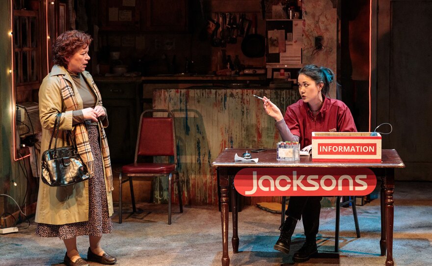 DeAnna Driscoll is Sharon (left, standing) and Keiko Green is Tina (at right, seated) in Green's play "Sharon," shown in an undated production photo at Cygnet Theatre in San Diego, Calif.