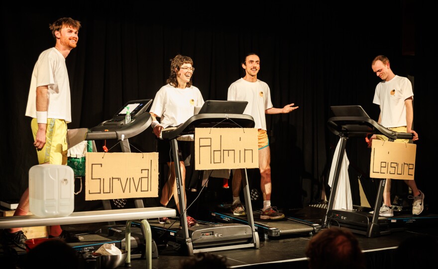 Hugo Williams (far left) and the other members of Pony Cam performing "Burnout Paradise" on treadmills. Undated photo.