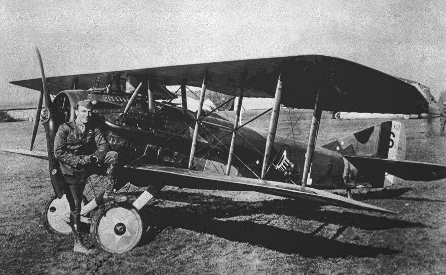 American World War I fighter pilot Eddie Rickenbacker poses with his plane in this undated photo. During the war, airplanes were employed at first for reconnaissance, but air battles soon followed as each side tried to shoot down the enemy's observation planes. The early planes were short on reliable cockpit gauges. Pilots used wristwatches to help determine how much fuel they had left.