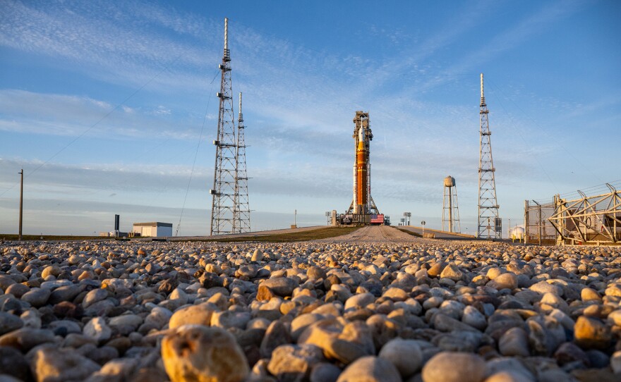 NASA’s Artemis II Space Launch System (SLS) rocket and Orion spacecraft are seen atop a mobile launcher at Launch Complex 39B, Saturday, Jan. 17, 2026, after being rolled out to the launch pad at NASA’s Kennedy Space Center in Florida. NASA’s Artemis II test flight will take Commander Reid Wiseman, Pilot Victor Glover, and Mission Specialist Christina Koch from NASA, and Mission Specialist Jeremy Hansen from the CSA (Canadian Space Agency), around the Moon and back to Earth no later than April 2026. Photo Credit: (NASA/Keegan Barber)