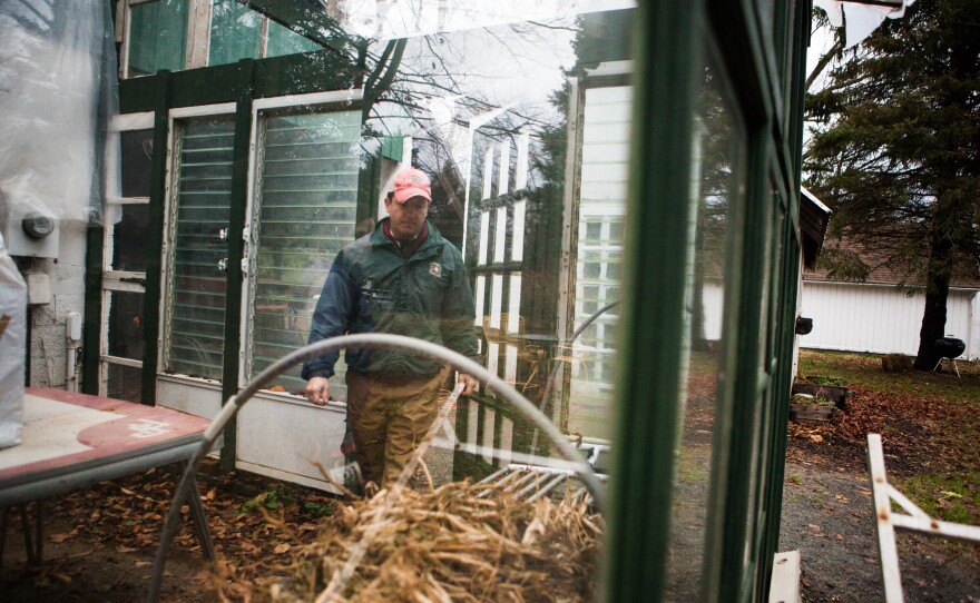 Guerre built this greenhouse out of recycled materials like old windows and doors.