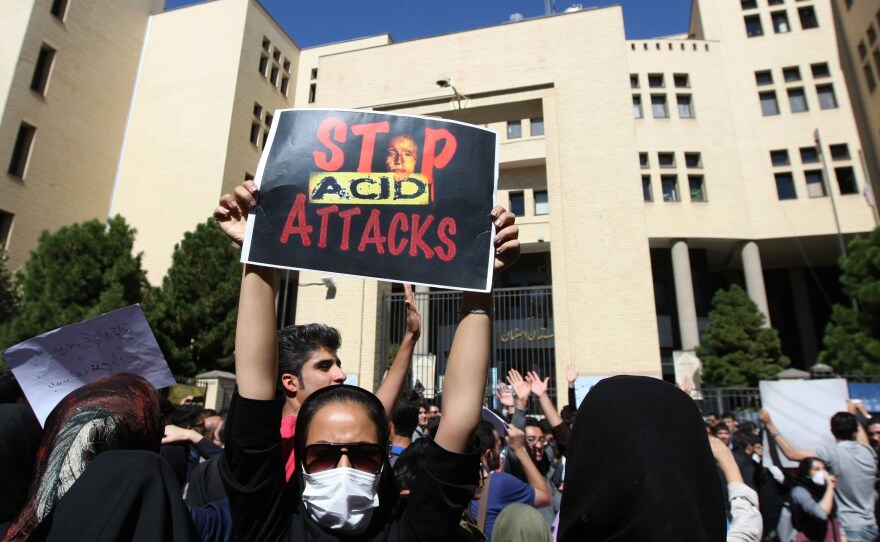 Iranians protest in Isfahan, Iran, last month in solidarity with women injured in a series of acid attacks. Several women have been attacked by assailants on motorcycles who threw acid on their faces, purportedly because they were "badly veiled."