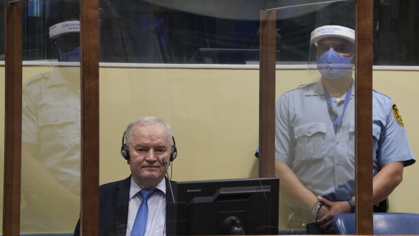 Former Bosnian Serb military chief Ratko Mladic sits in the court room in The Hague, Netherlands, June 8, 2021, where the United Nations court delivers its verdict in the appeal of Mladic against his convictions for genocide and other crimes and his life sentence for masterminding atrocities throughout the Bosnian war.