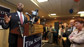 Republican Tim Scott celebrates his victory in a South Carolina House race at an election night party. Scott is the first African-American Republican elected to Congress from the state since Reconstruction.