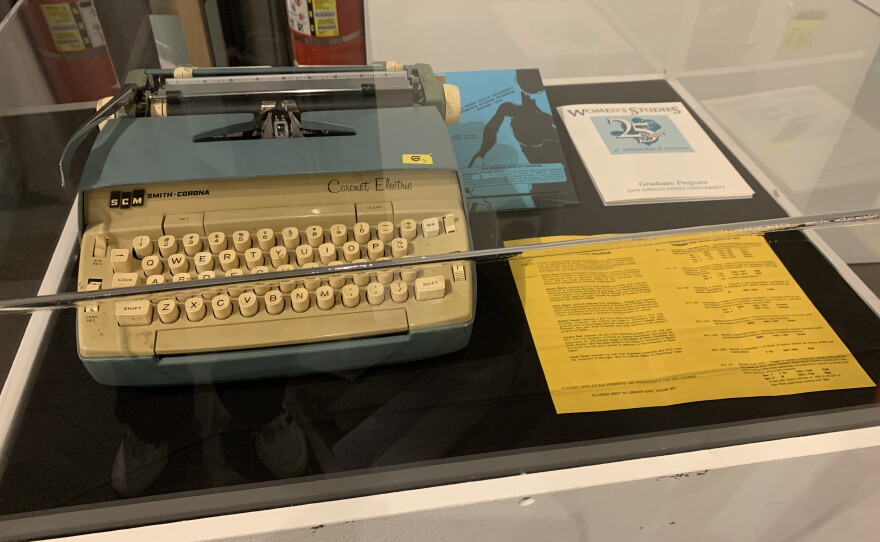 A Smith Corona typewriter used to draft the founding documents of the Women's Studies Department at San Diego State University is shown at the San Diego History Center on June 9, 2026.