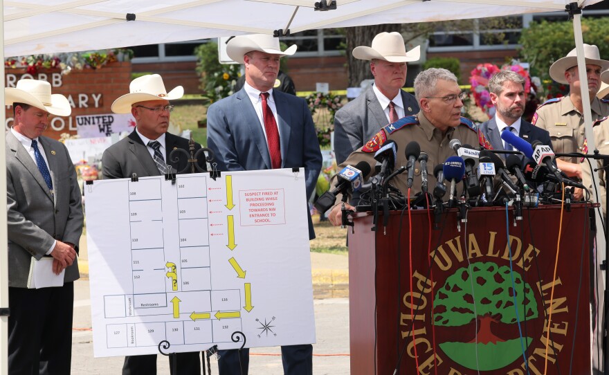 Steven C. McCraw, Director and Colonel of the Texas Department of Public Safety, speaks during a press conference about the mass shooting at Robb Elementary School on May 27 in Uvalde, Texas.