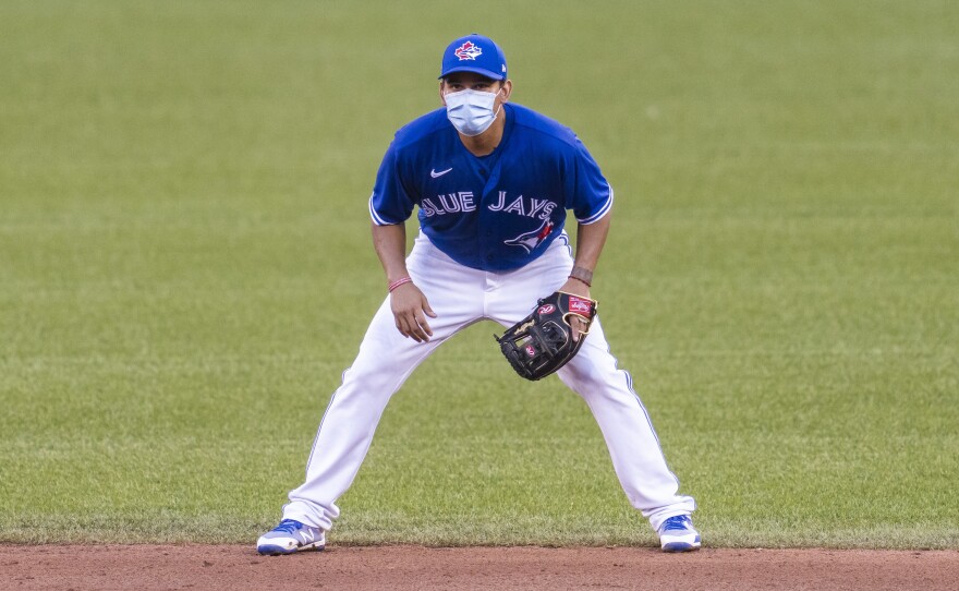 Rubén Tejada of the Toronto Blue Jays is pictured at an intrasquad game at Rogers Centre earlier this month in Toronto. The team received permission for preseason training at the stadium but the Canadian government will not allow regular season games in Canada.
